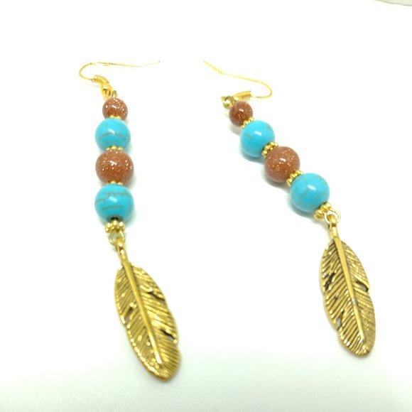 Gold Sandstone and Faux Turquoise Dangle Earrings with Antique Gold Feather - Picture 3 of 7